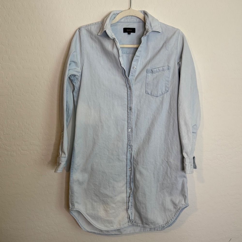 Quince Women 100% Cotton Denim Shirt Dress XS Light Chambray Excellent Distress